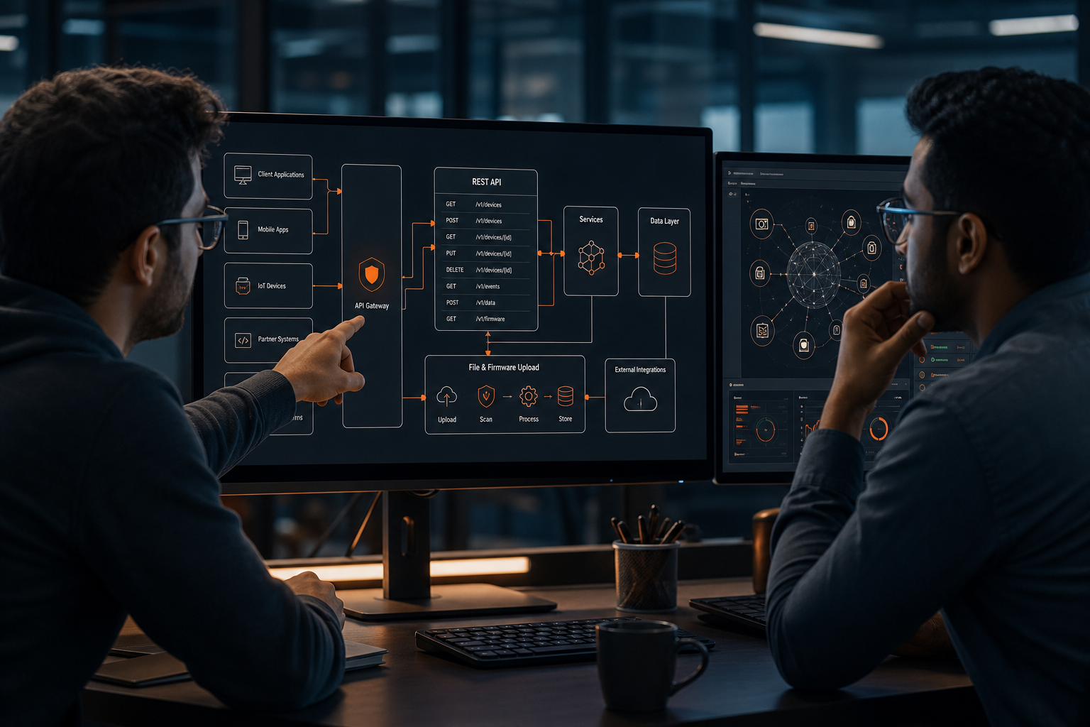 Engineering team collaborating on REST API architecture for connected device security