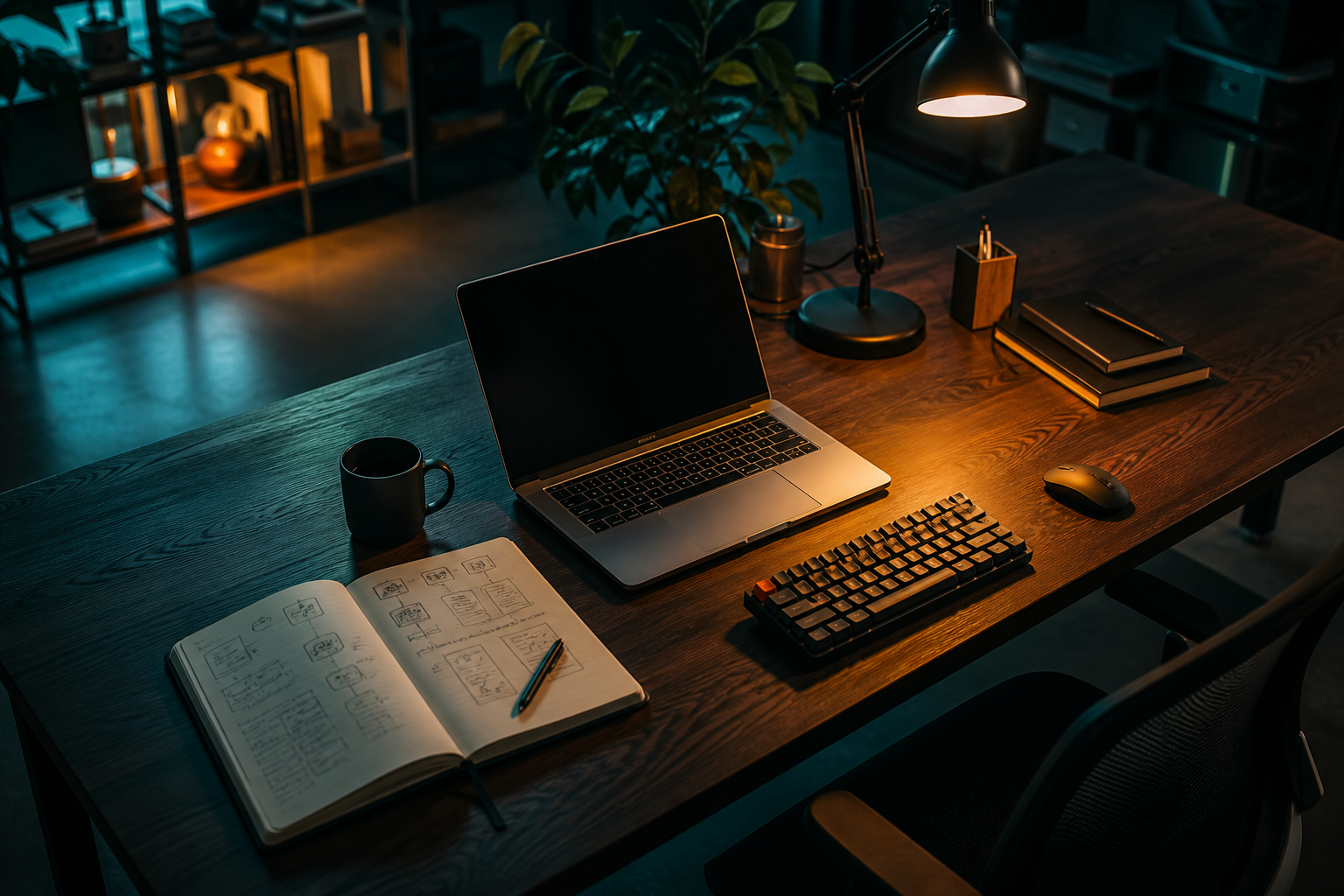 A thoughtful workspace with laptop, sketches, and warm desk lighting